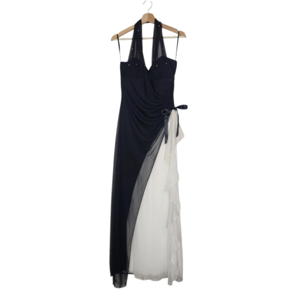 Finesse Black White Halter Rhinestone Dress